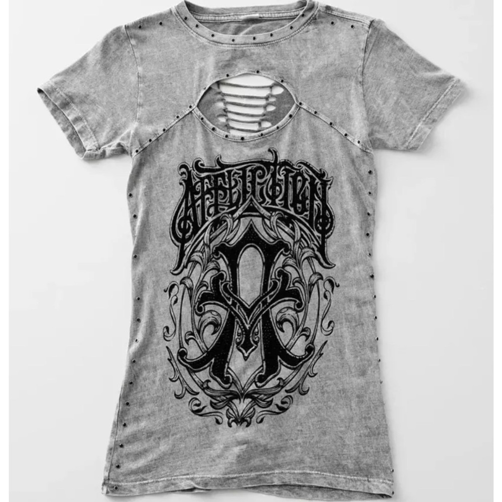 Affliction Women's T-Shirt Iconic Steel Biker Tattoo Gray - Picture 2 of 5